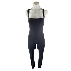 Qinsen Women's Black Sleeveless Square Neck Skinny Activewear Yoga Jumpsuit Sz S